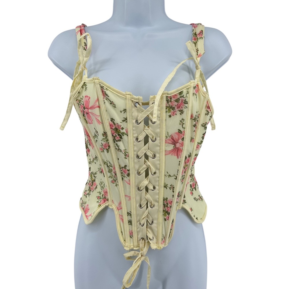 Floral Lace Up Corset Top Basque Cottage Coquette Fairy Garden Womens M